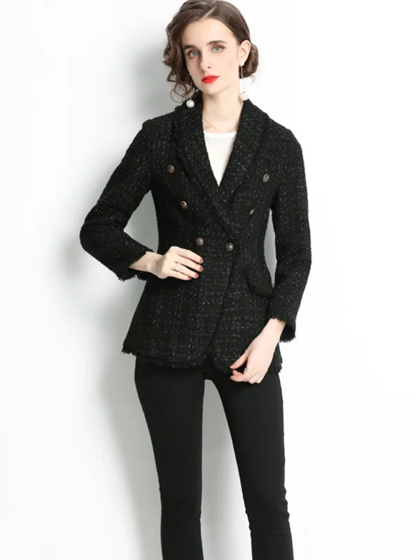 Women's long sleeve suit collar tweed jacket Flusfy