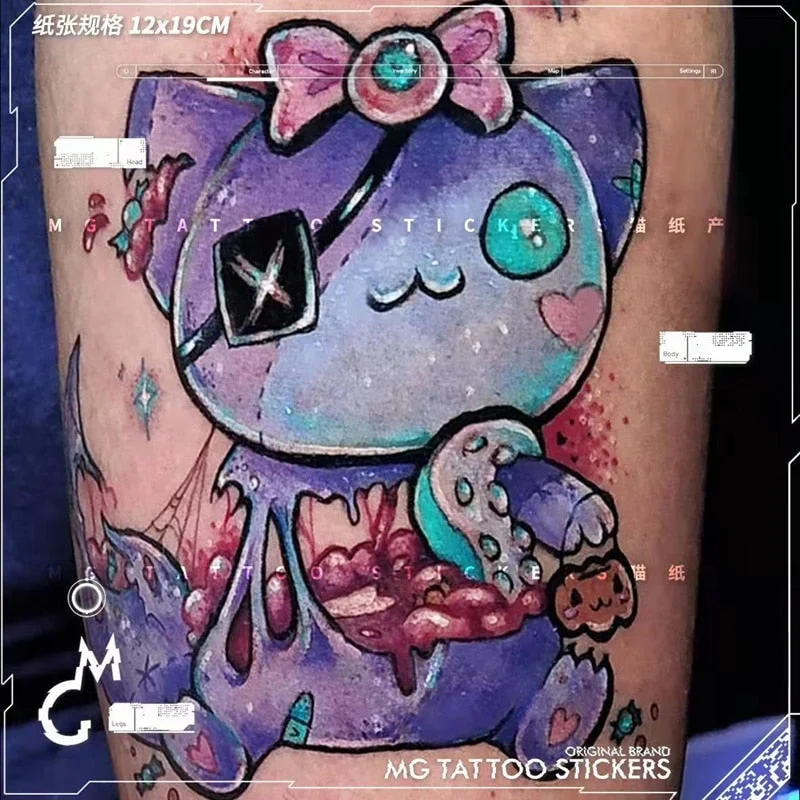 4pc/Lot Cartoon Cat Temporary Tattoo Stickers Set Female Waterproof Personality Cool Bear Watercolor Fake Tattoo Arm Dark Tattoo