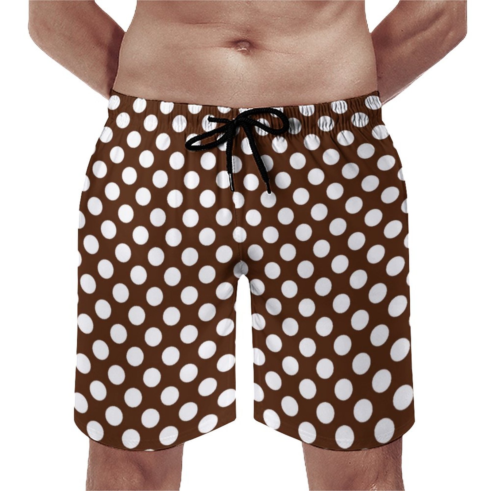 Cute Brown White Polka Dot Pattern Elegant Men's Swim Trunks Summer Board Shorts Quick Dry Beach Short with Pockets