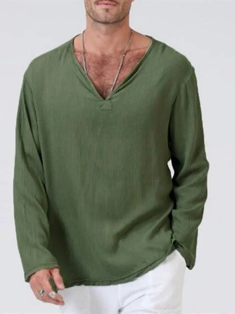 Linen ethnic style loose men's V-neck solid color long-sleeved t-shirt