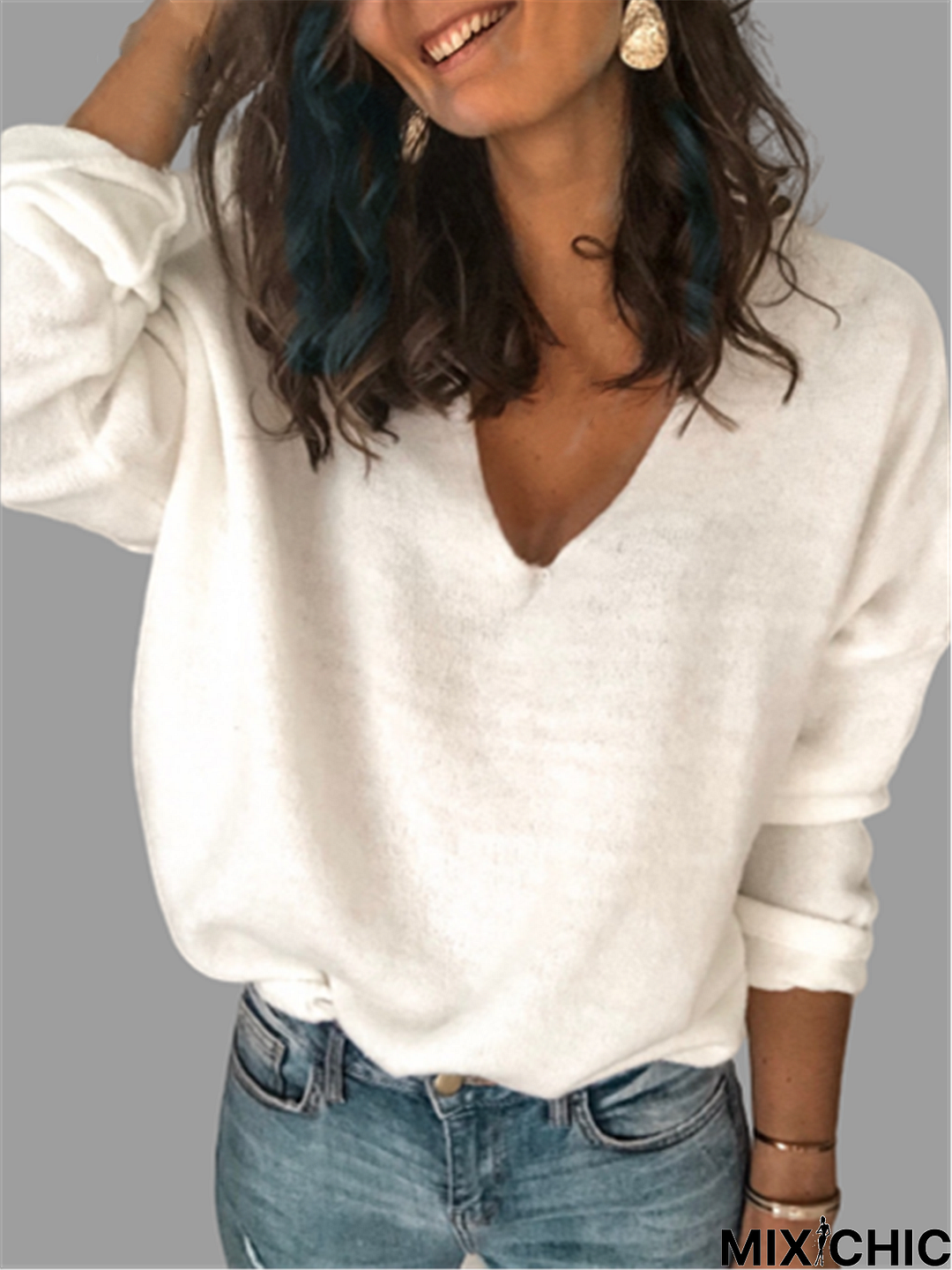 Cotton Long Sleeve V Neck Sweater