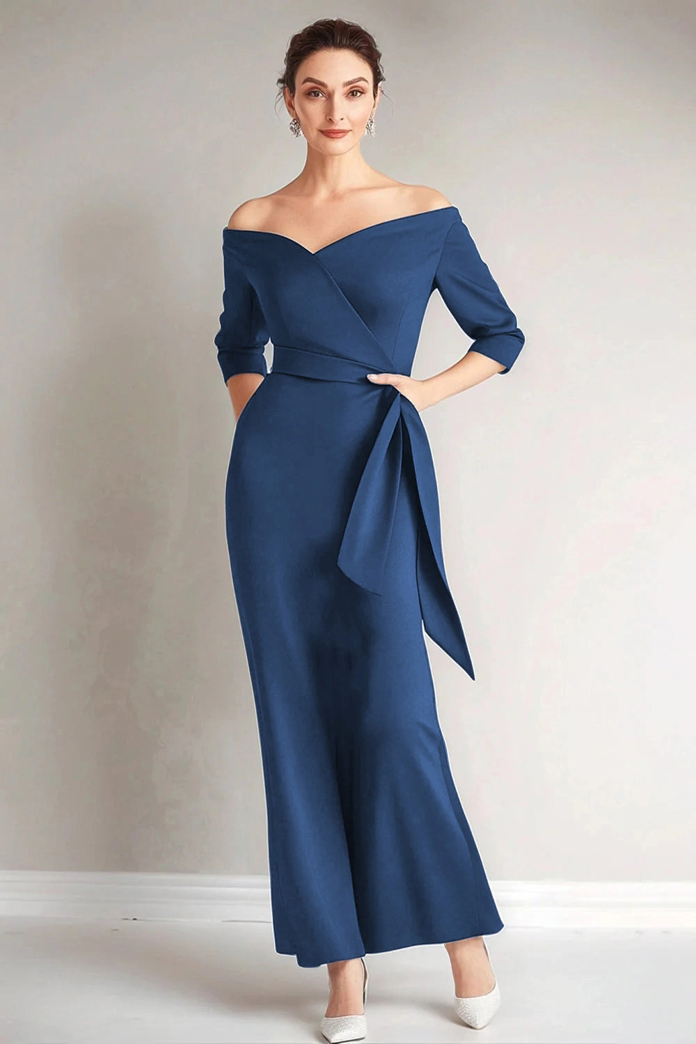 Daisda V-Neck Off-The-Shoulder 3/4 Sleeves Ankle-Length Mermaid Mother Of The Bride Dress