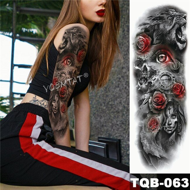 Gingf Arm Sleeve Tattoo Catrina Red Eye Rose Waterproof Temporary Tattoo Sticker Clock Map Men Full Skull Tatoo Body Art Women