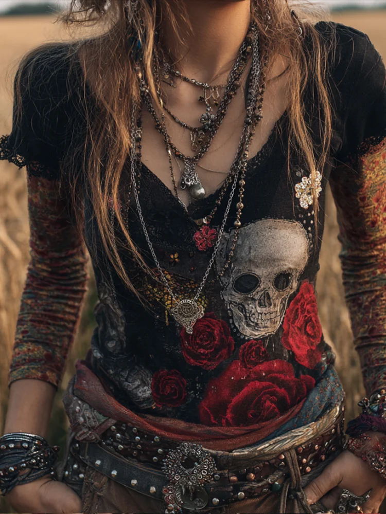 Women's Flower-skull Black Vintage Short-sleeved Shirt