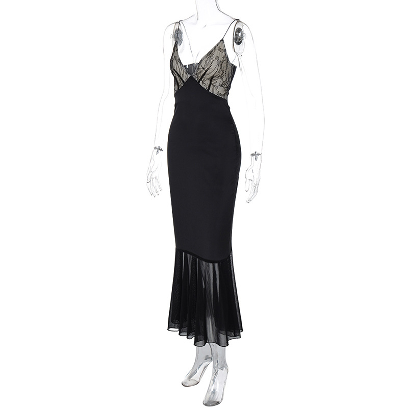 Ootddress Female Mesh Lace Halter Dresses Patchwork Backless Slim Sexy Fashion V-Neck Spaghetti Maxi Dress Women Printed Long Dress