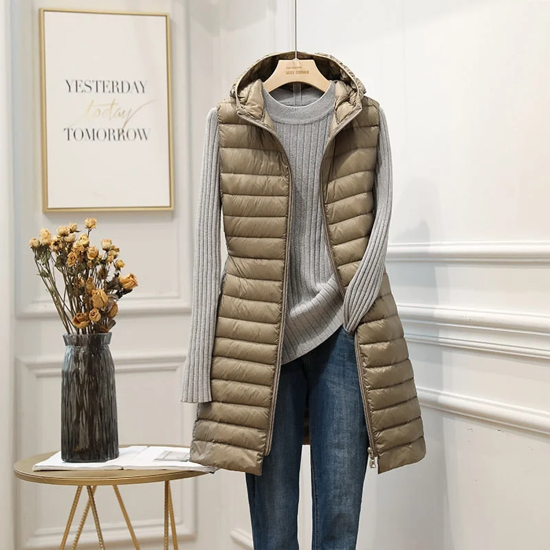 FTLZZ 2020 Winter New Women Ultra Light White Duck Down Jacket Zipper Medium Long Vest Casual Outerwear 4XL Plus Size Down Coat