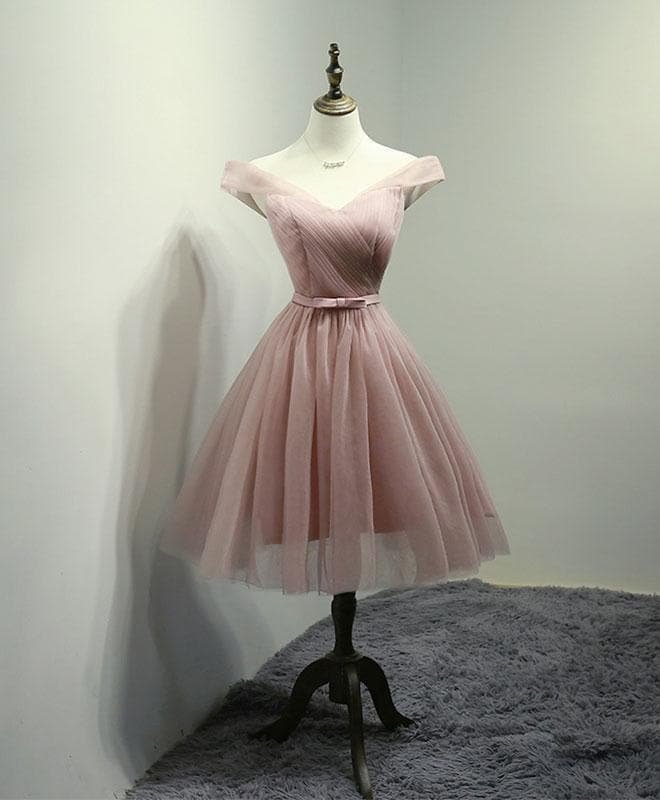 Simple V Neck Tulle Off Shoulder Short Prom Dress Pink Homecoming Dress A016