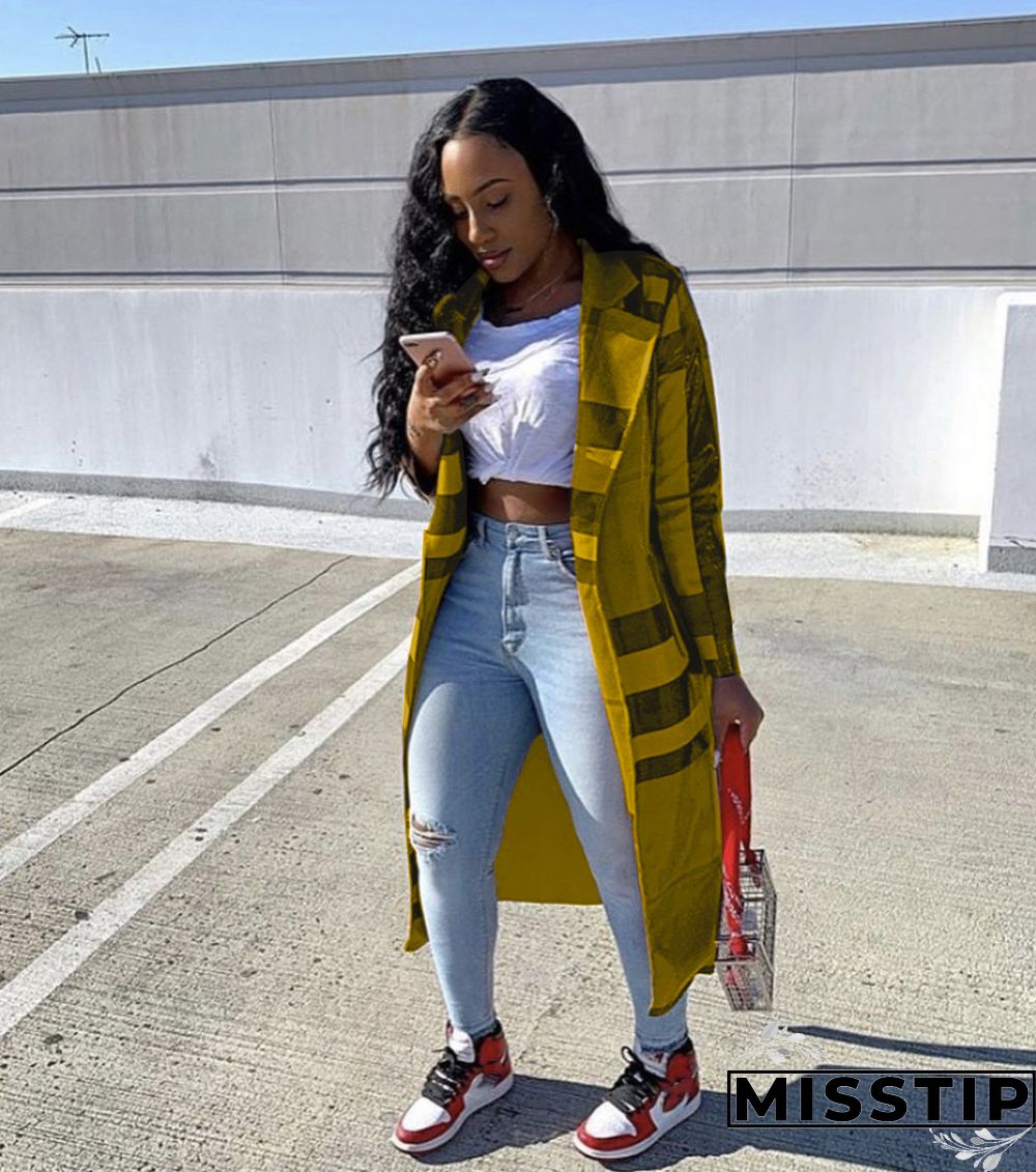 Women's Plaid Print Long-sleeved Lapel Long Coat