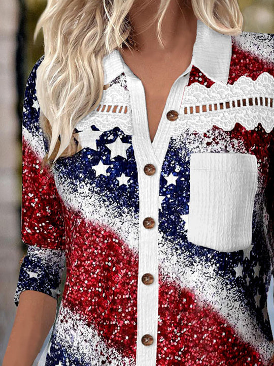 Women 3/4 Sleeve Shirt Collar Floral Printed Graphic Lace Button Pockets Tops