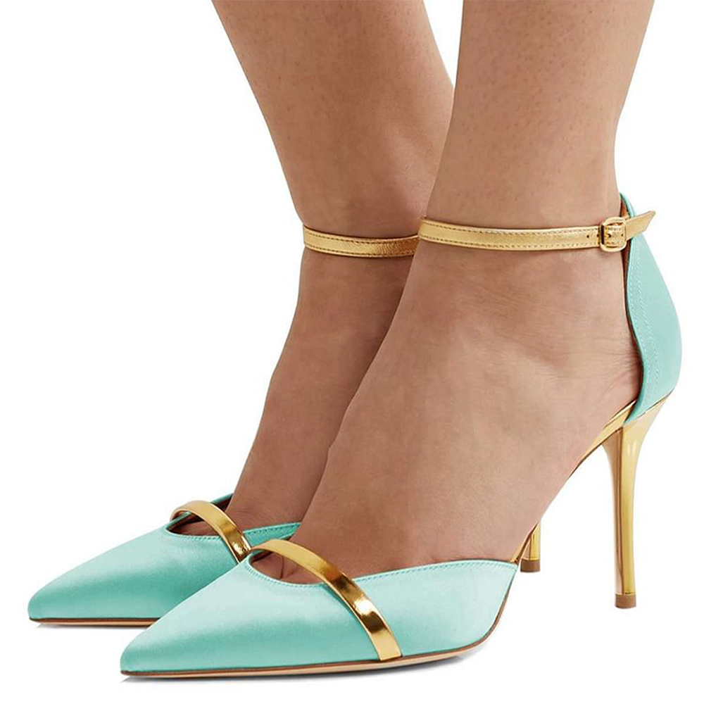 Blue & Gold Satin Closed Toe Stiletto Heel Pumps Nicepairs