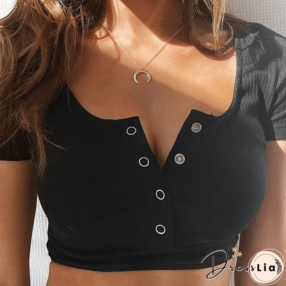 Sexy Women Crop Top Fashion Solid Color Ladies Tanks Tops Button Vest T-Shirt Crop T-Shirt Womens Clothing
