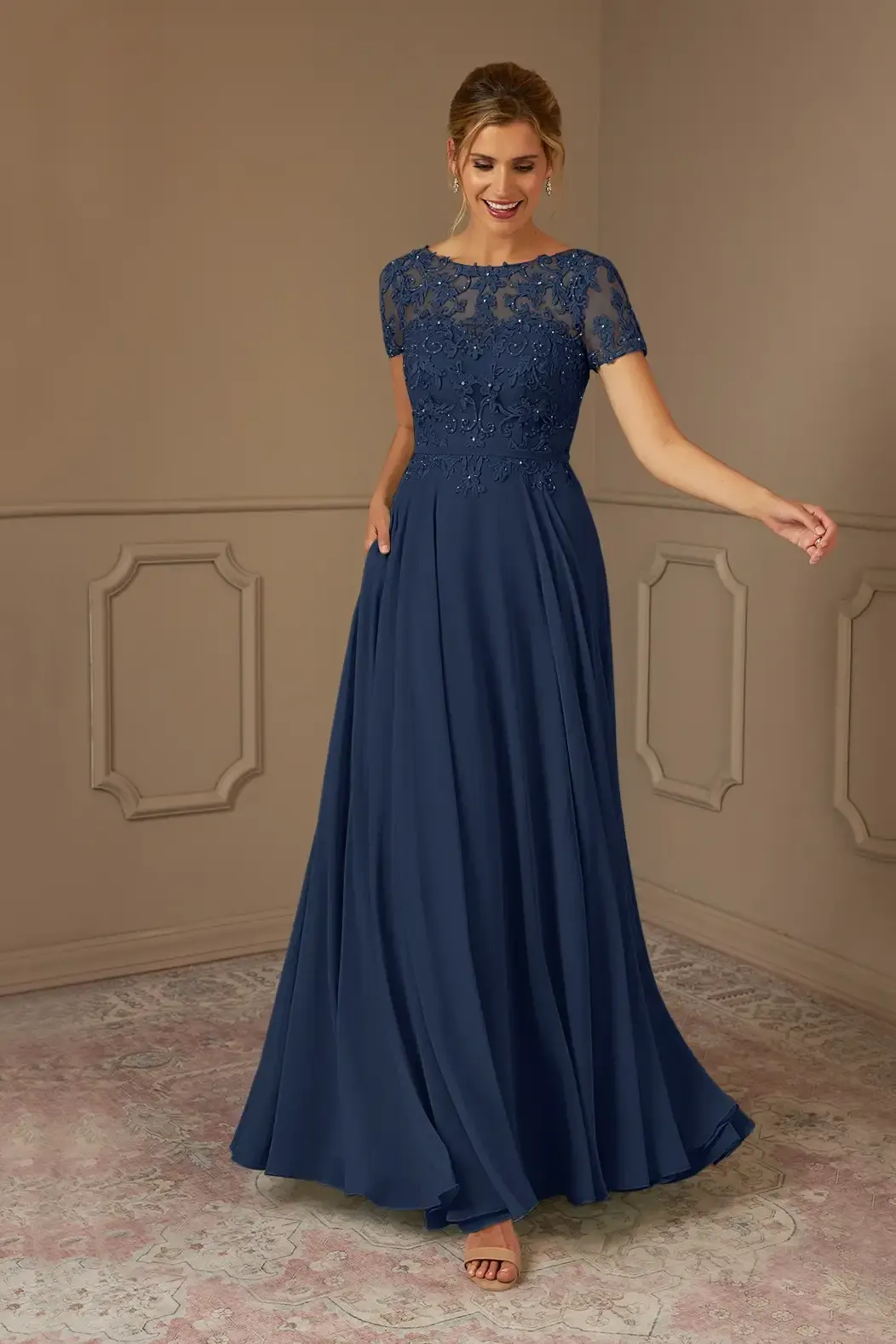 Daisda Chiffon Bateau Neck Short Sleeves Long A-Line Mother Of The Bride Dress With Appliques
