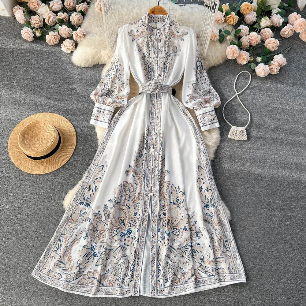 Ueong Spring And Autumn Style Holiday Style Holiday Style Lantern Sleeve Printed Dress A Skirt With Waist Swinging Above Knee Length
