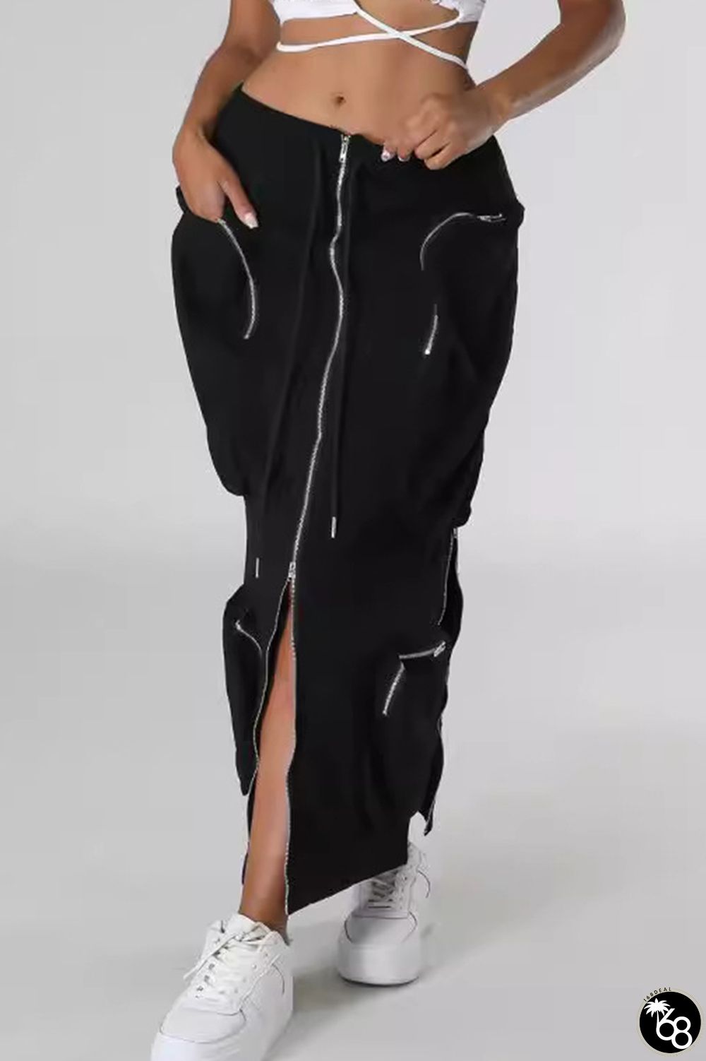 Sweet Solid Patchwork Draw String Pocket Zipper Straight Mid Waist Straight Patchwork Bottoms | 168DEAL