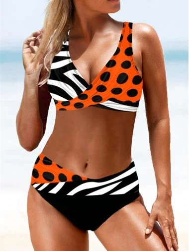 Women Sleeveless V-neck Striped Polka Dot Bikini Swimwear