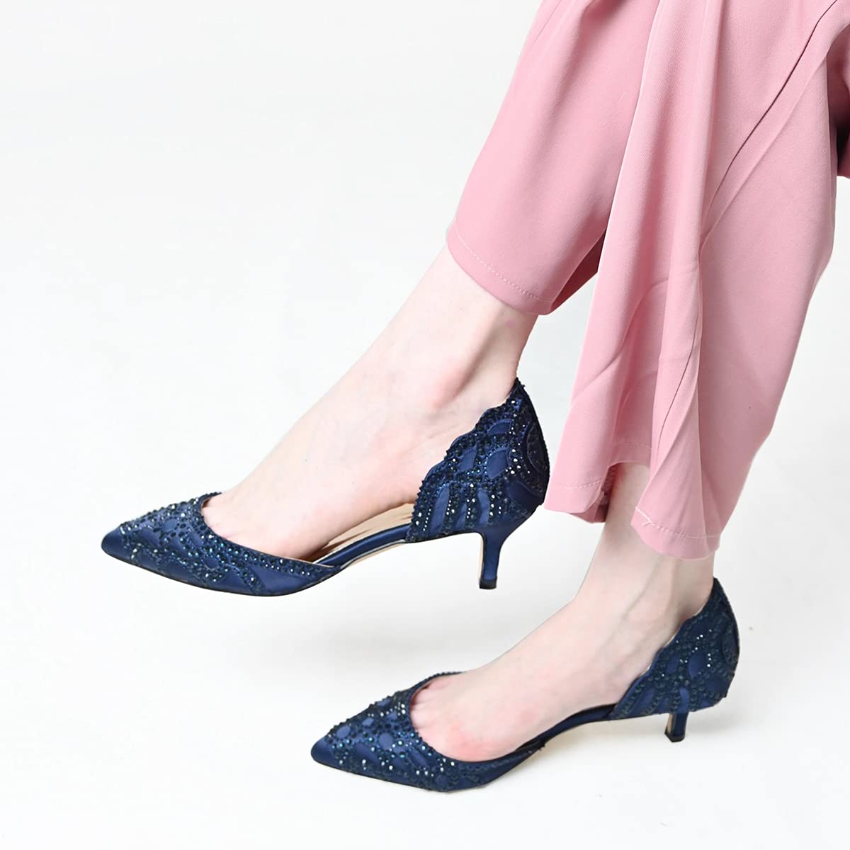 Blue Satin Closed Toe Kitten Heel Rhinestone Pumps Nicepairs
