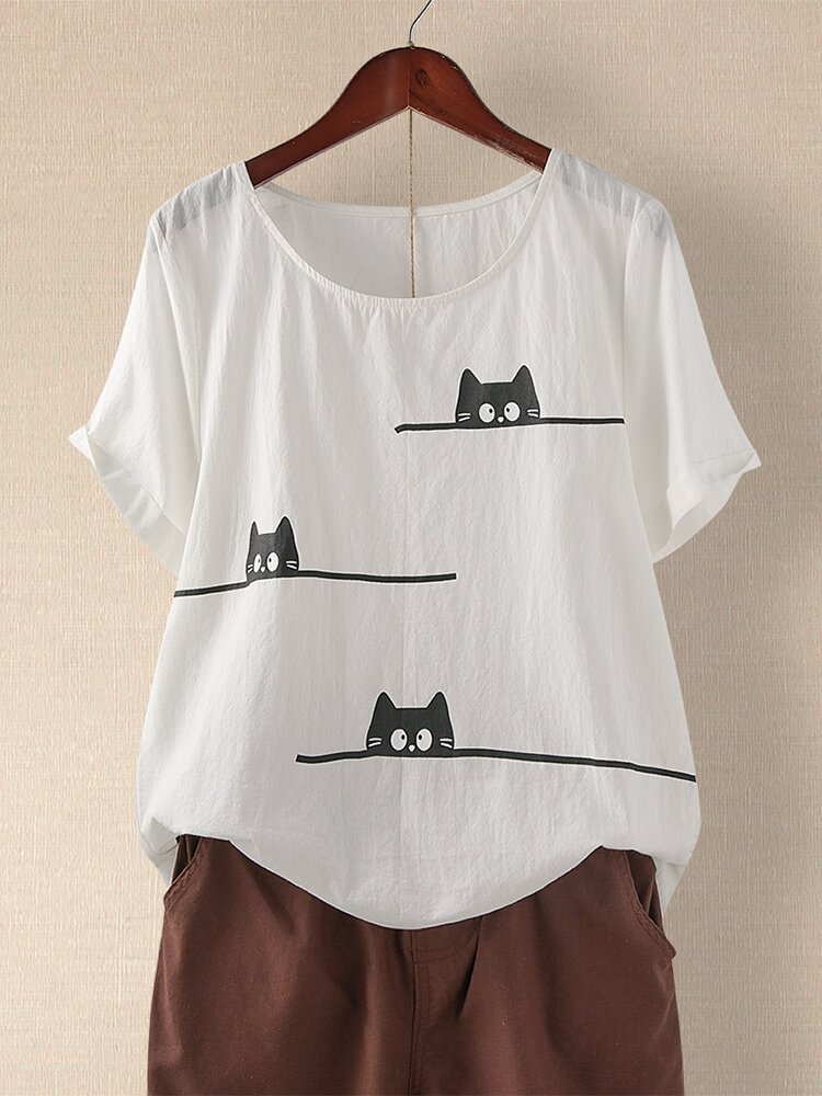 Cartoon Cat Printed Short Sleeve T shirt For Women P1665783