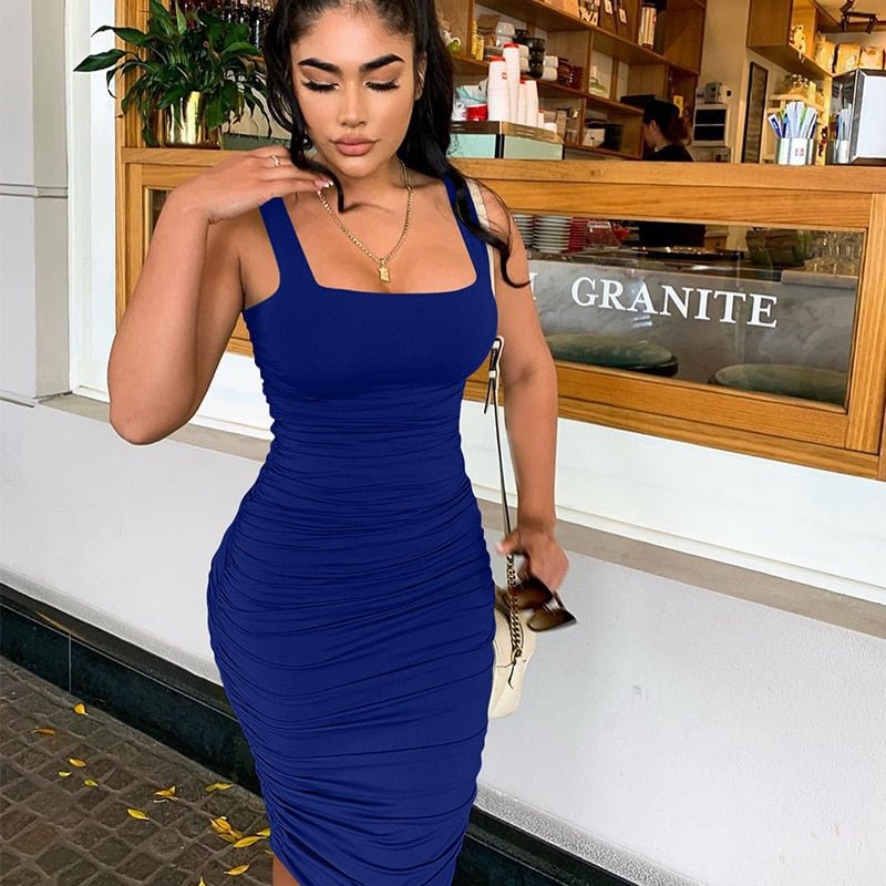 ANJAMANOR Sexy Summer Square Neck Backless Bodycon Club Dress Women Clothes 2020 Elegant Ruched Bandage Midi Dresses D53-DZ30