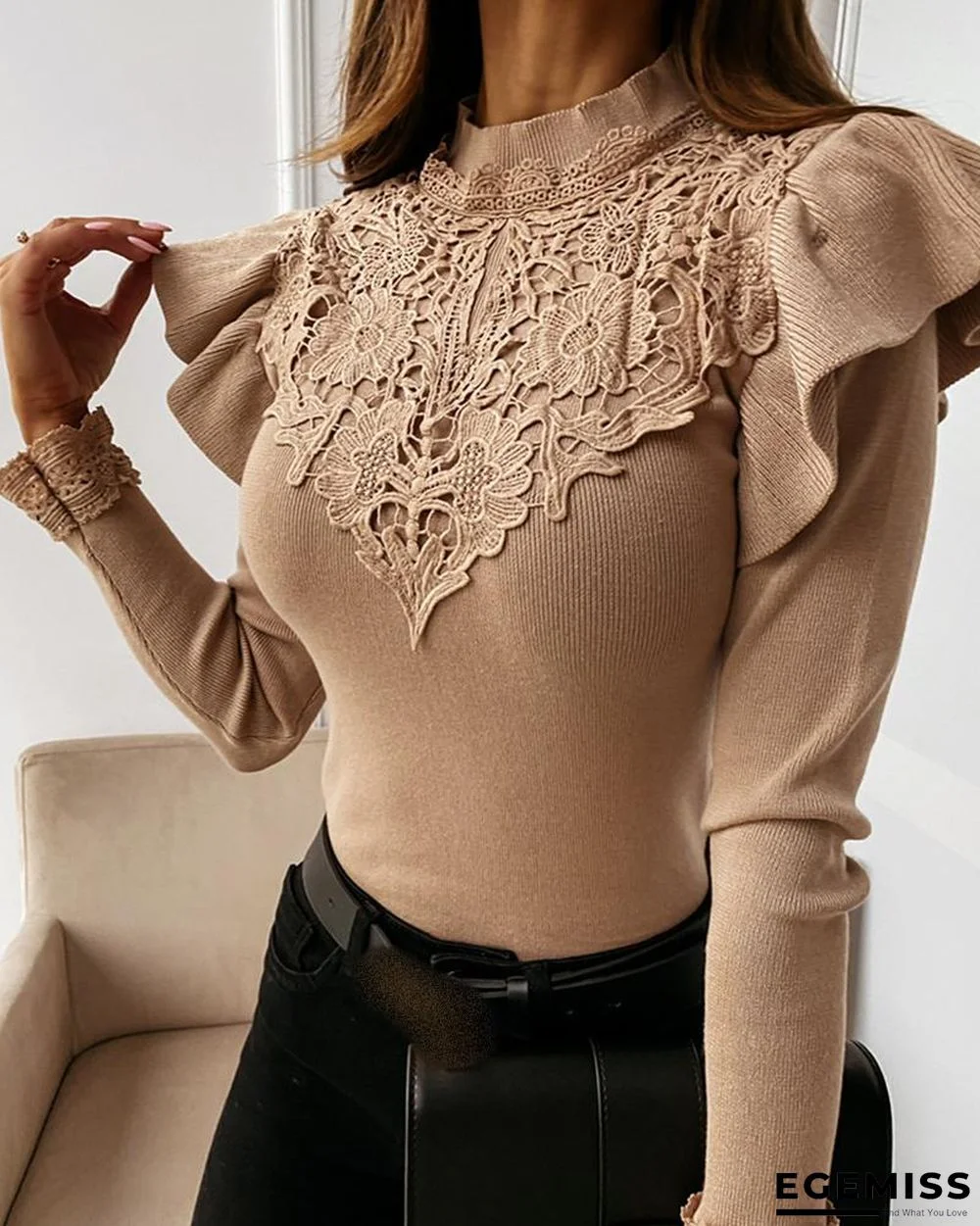 Crochet Lace Ruffles Trim Long Sleeve Sweater | EGEMISS