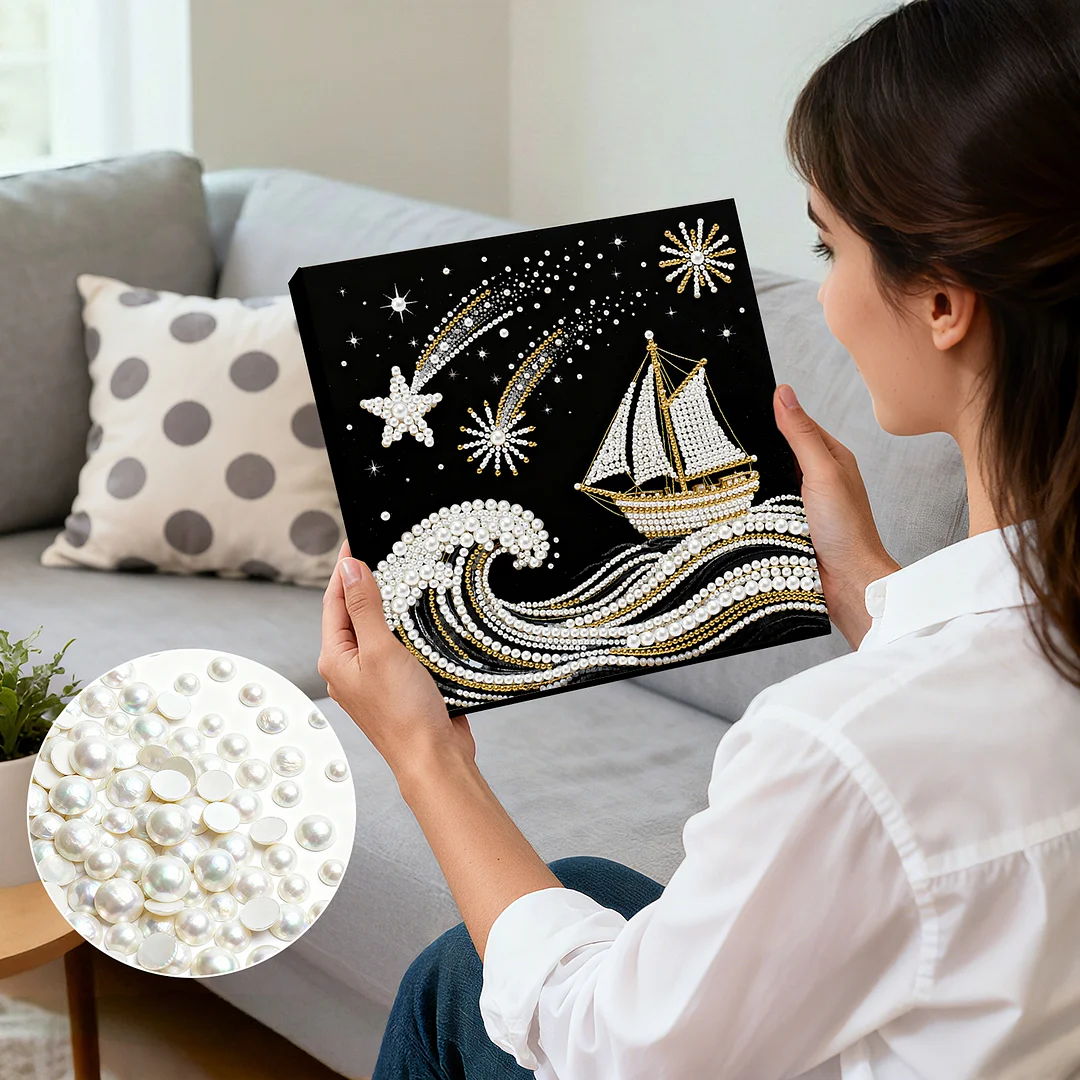 Sailboat DIY Pearl Diamond Art Kit for Adults Home Decor 25x25cm With Frame