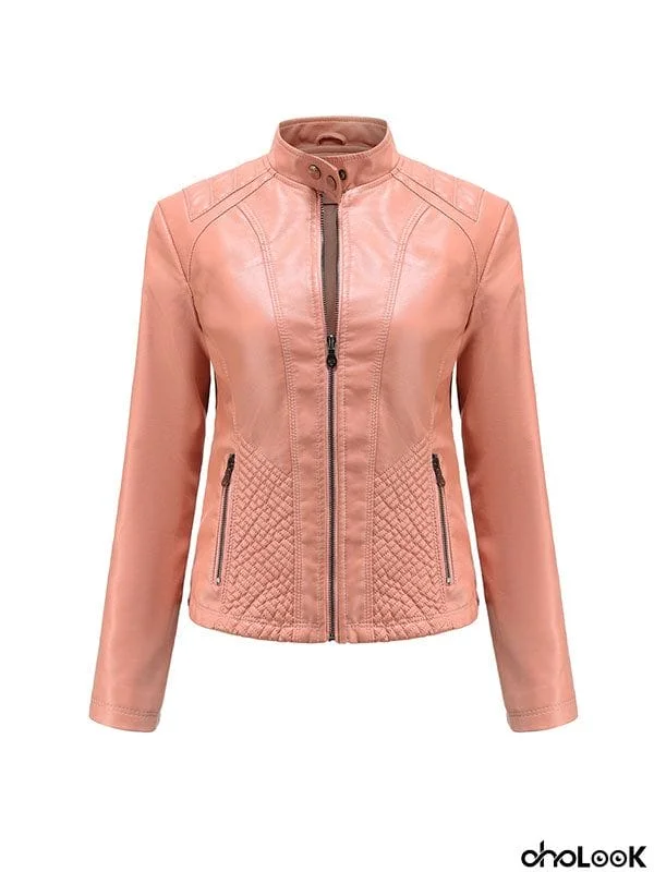 Long Sleeves Plus Size Buttoned Pockets Split-Joint Zipper Stand Collar Jackets Outerwear