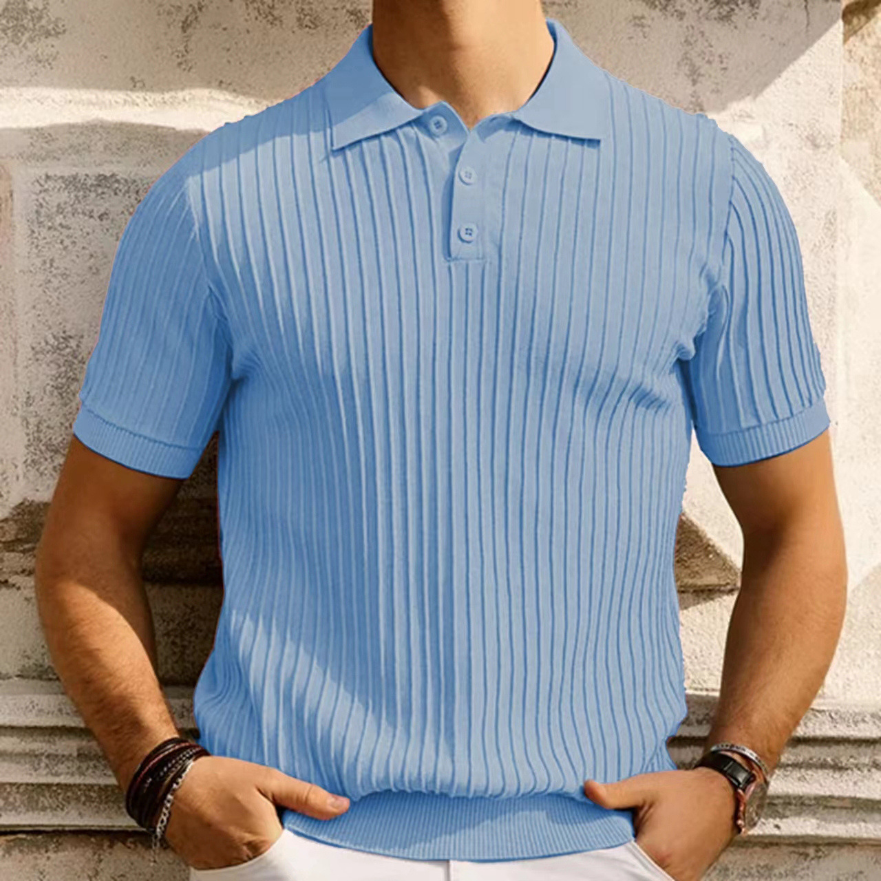 Arkget Shoes | Men's Striped Ribbed Casual Elegance Polo Shirt – Classic Collar & Button Placket