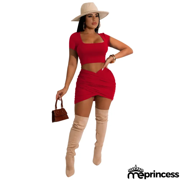 Women Summer Sexy Solid Crop Top And Mini Dress Two Piece Set