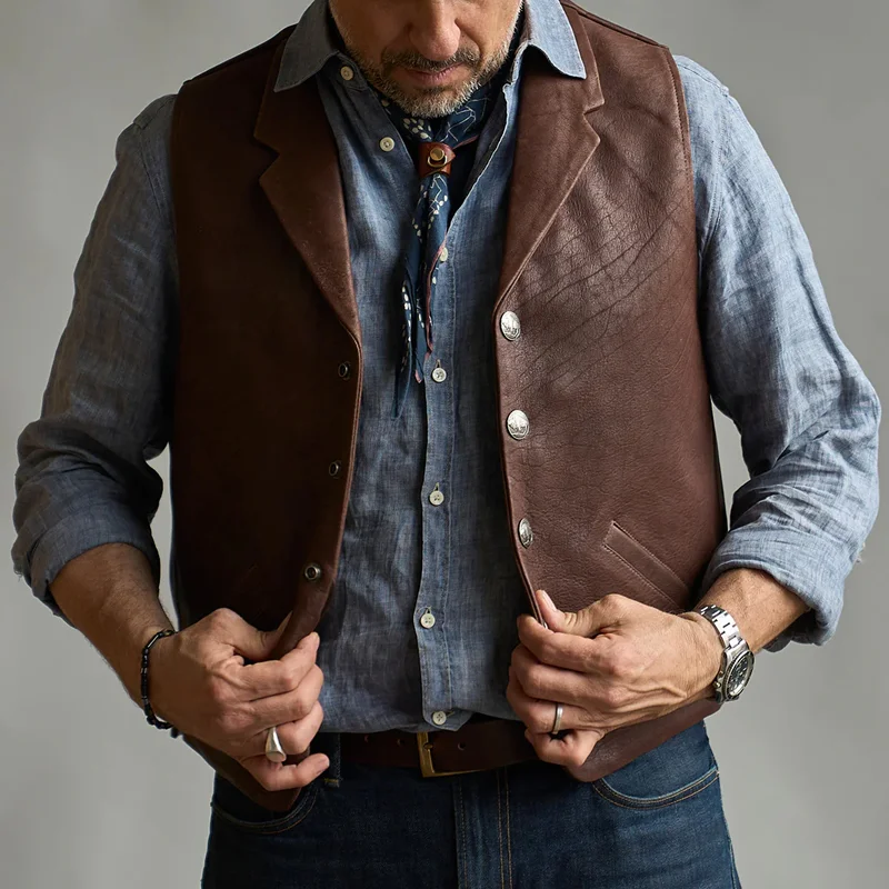 Vintage Hand-Cut Back Belt Leather Vest