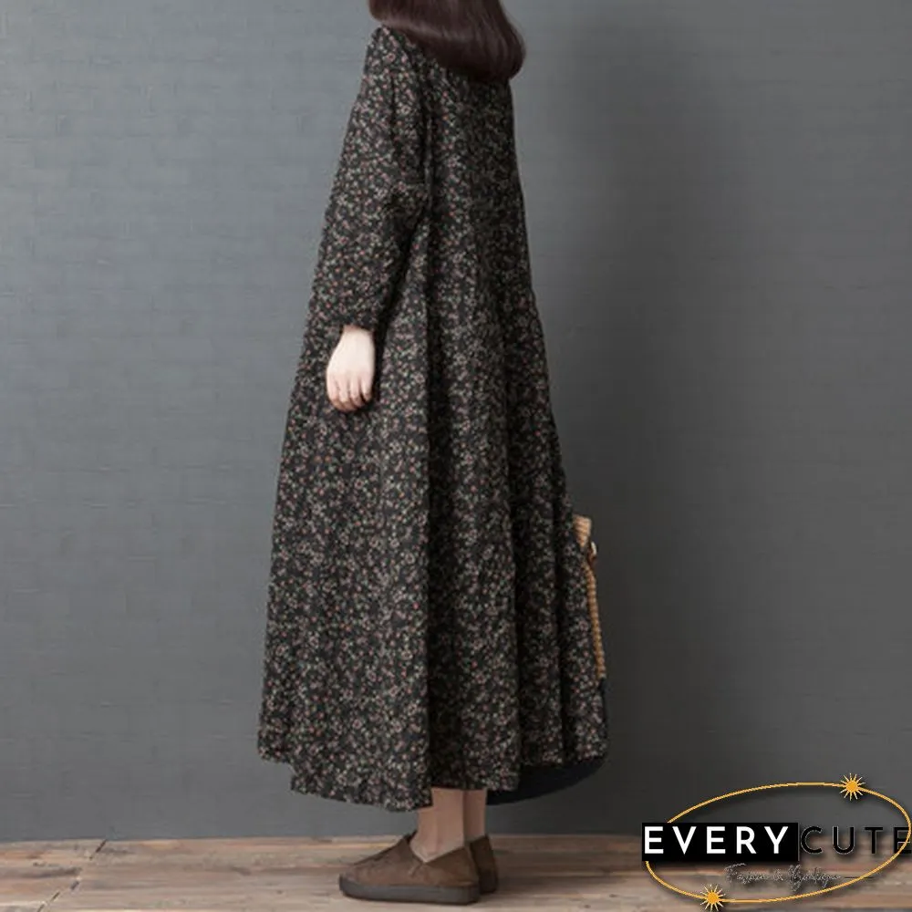 Women Cotton Kaftan Abaya Vintage Printed Floral Dress Full Length Dress