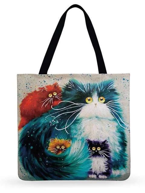 Linen Eco-friendly Tote Bag - Cartoon Cat