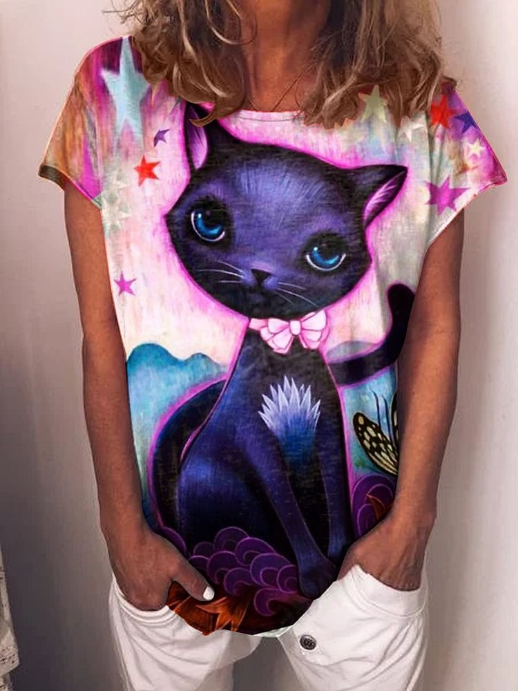 Bestdealfriday Cat And Butterfly PrinT-Shirts Top