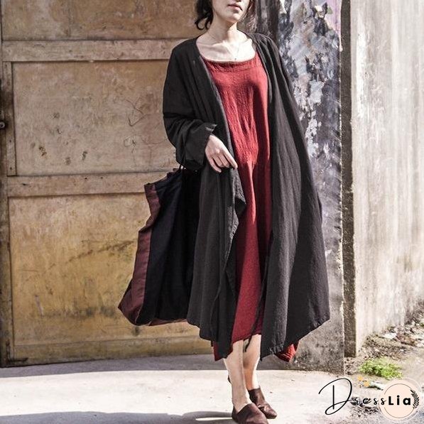 Women Cotton Linen Bandage Trench Coat V-Neck Vintage Cardigan Irregular Clothes Trench