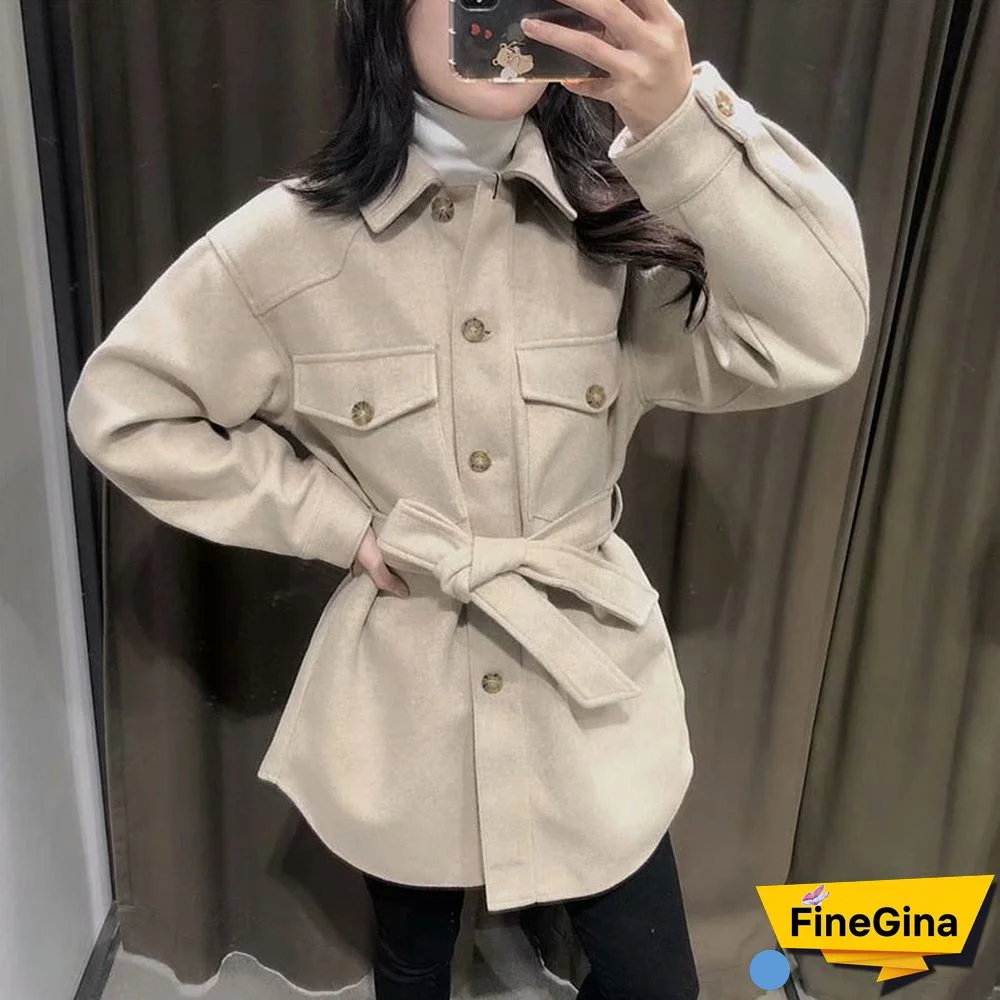 Autumn Winter Women's Vintage Woolen Coat Chic Sashes Long Sleeve Elegant Shirt Jacket Female Outwear Tops Casual Loose Overcoat