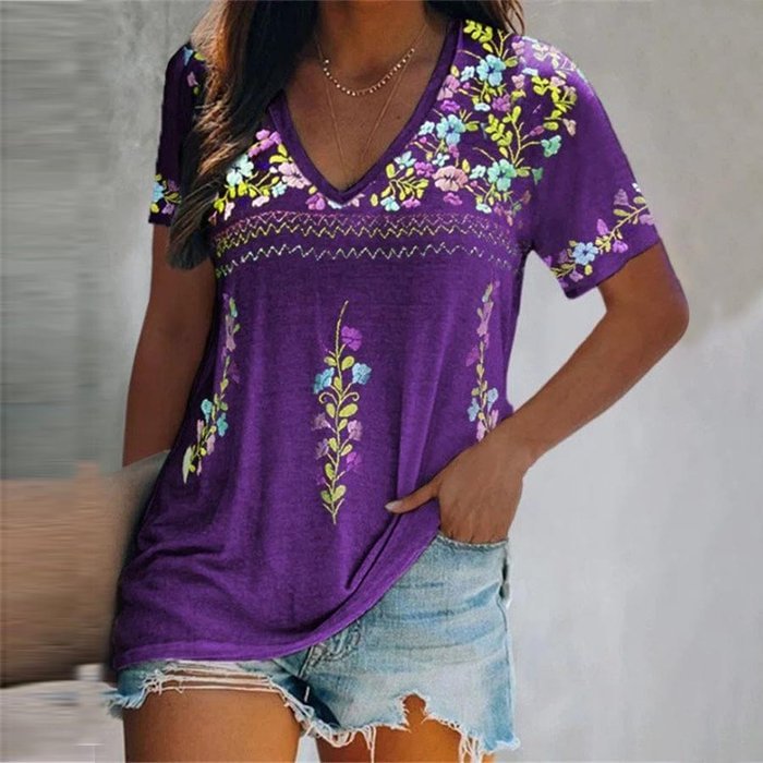 Floral Print Ethnic Style Short Sleeve V-Neck T-Shirt