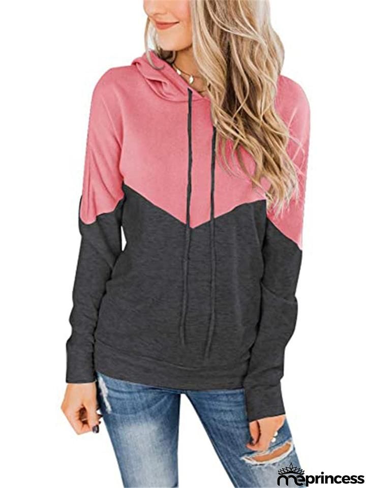 Women Color Block Drawstring Long&nbsp;Sleeve Pullover Hoodie