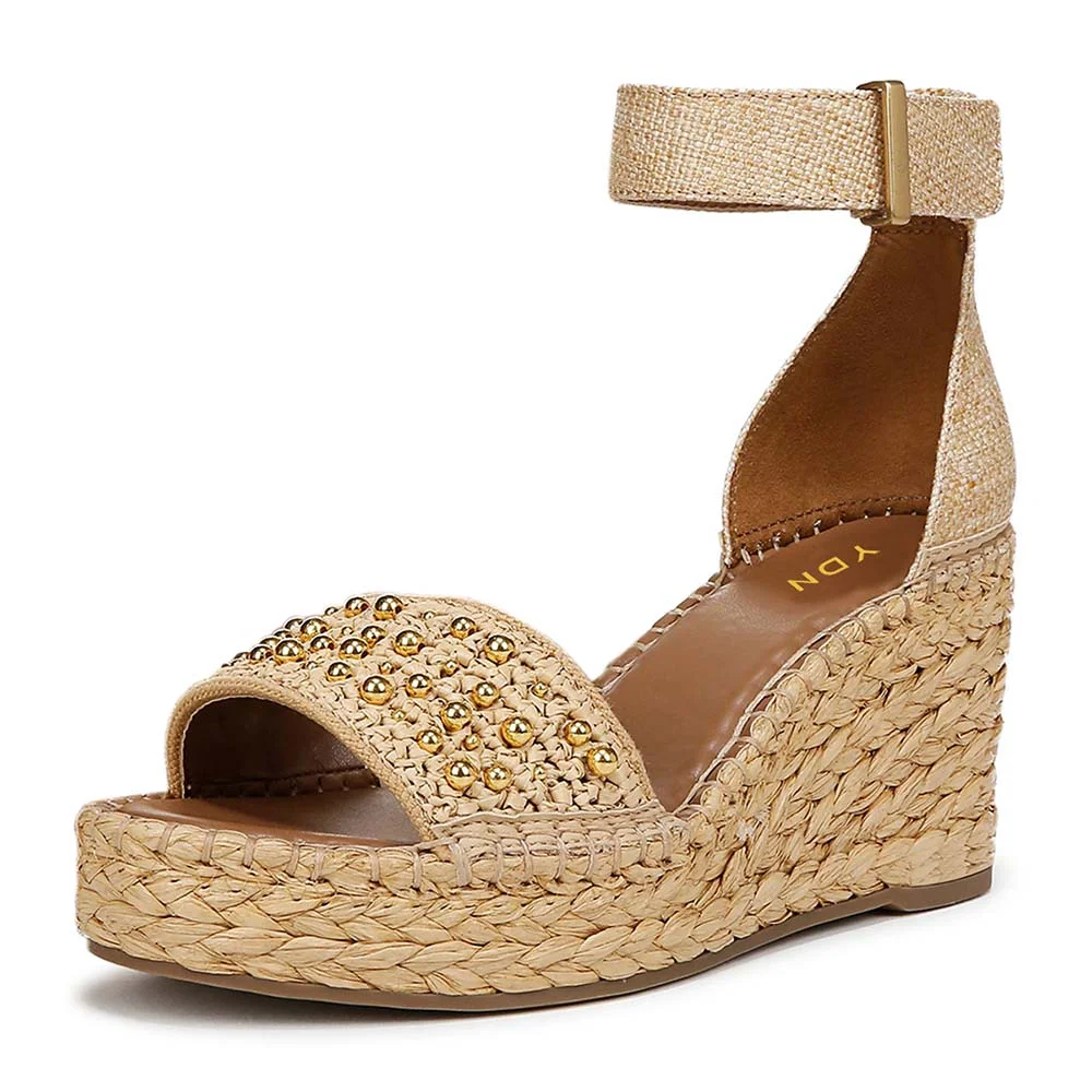 Beige Open-Toe Ankle Strap Espadrille Wedge Sandals with Beads
