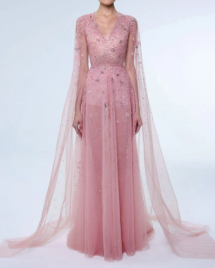 Elegant rhinestone cape gown