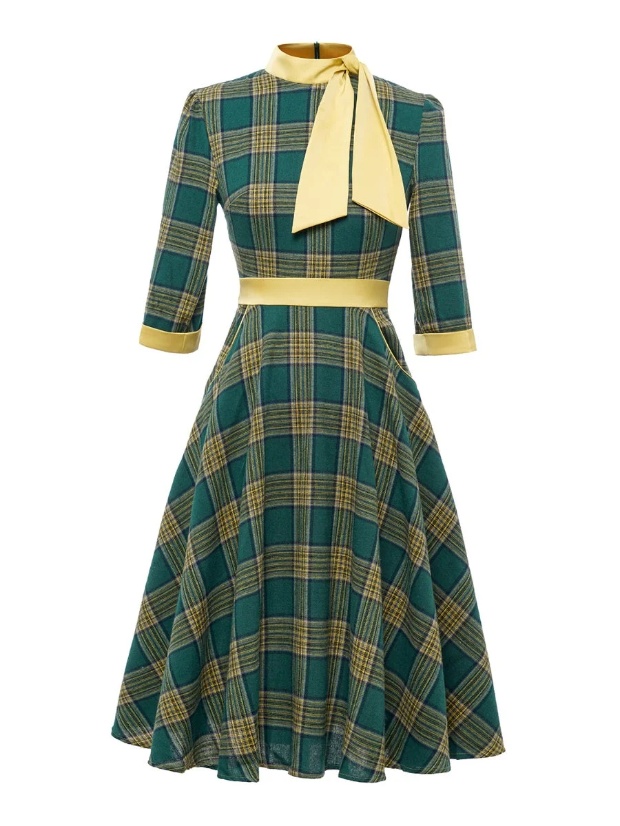 Audrey Hepburn Dress Plaid 3/4 Sleeve Bowknot Tie Swing Dresses