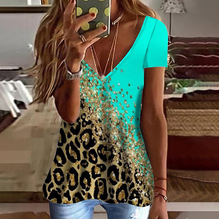 Comstylish Fashionable Leopard Print Color Matching V-Neck Short Sleeve  T-Shirt