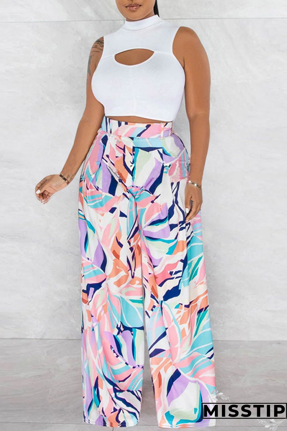 Light Green Casual Print Patchwork O Neck Sleeveless Two Pieces