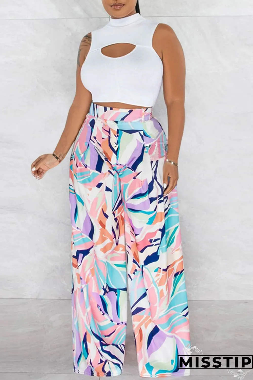 Light Green Casual Print Patchwork O Neck Sleeveless Two Pieces
