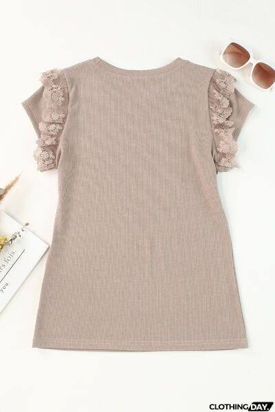 Lace Detail Round Neck Cap Sleeve T-Shirt