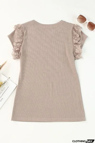 Lace Detail Round Neck Cap Sleeve T-Shirt