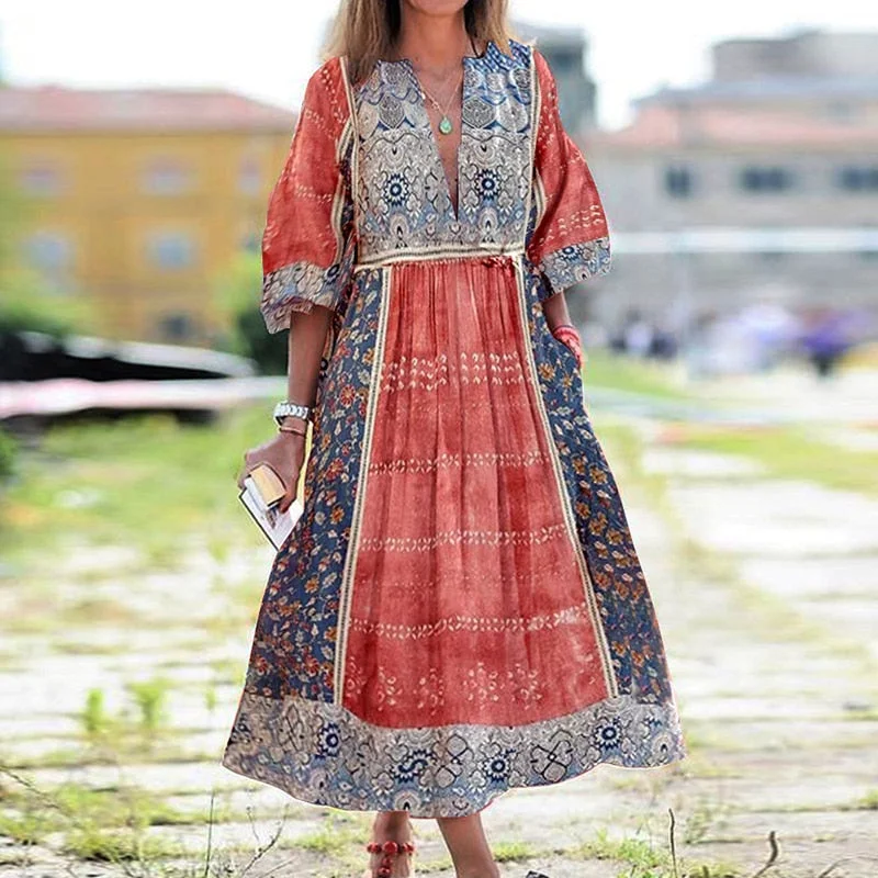 Women Vintage V Neck Tassel Party Long Dress Casual Floral Print Female Dresses Loose Three Quarter Puff Sleeve Dresses Vestidos