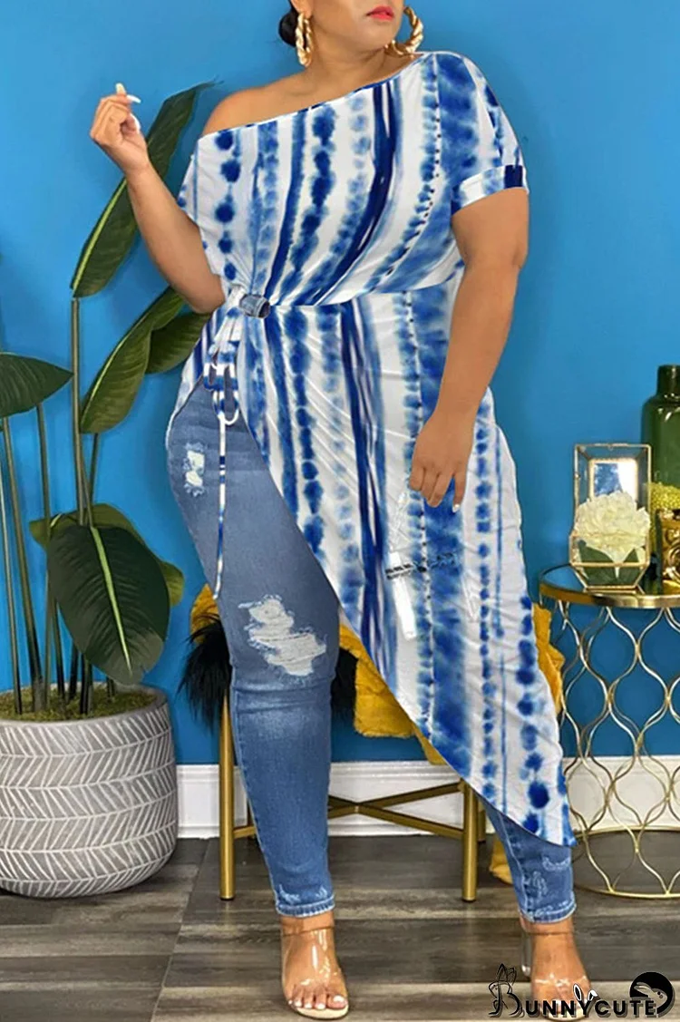 Blue Fashion Casual Print Bandage Asymmetrical O Neck Plus Size Tops