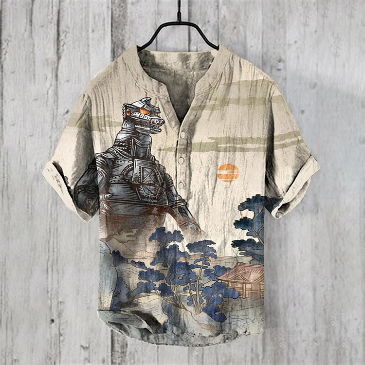 Retro Godzilla Landscape Japanese Art Linen Blend Shirt