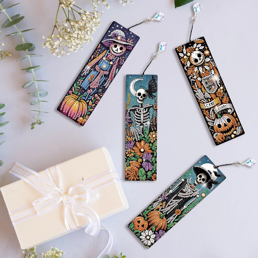 4Pcs Halloween Pumpkin Skull Themed DIY Diamond Painting Bookmark for Book Lover