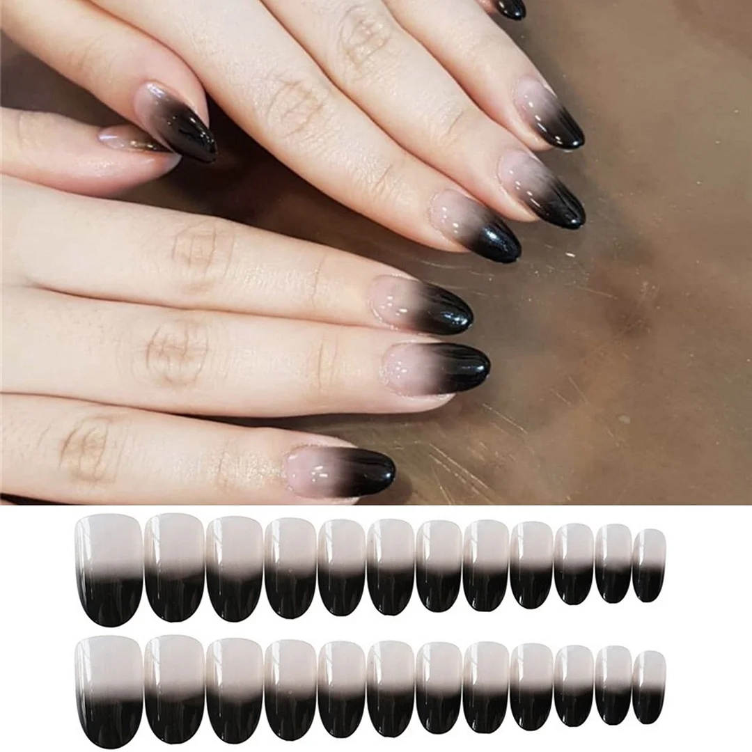 24pcs Detachable False Nails French with Black Line Fake Nails Full Cover Nail Art Tips Press on Nails with Glue Manicure Tools 515-Nail Inspo