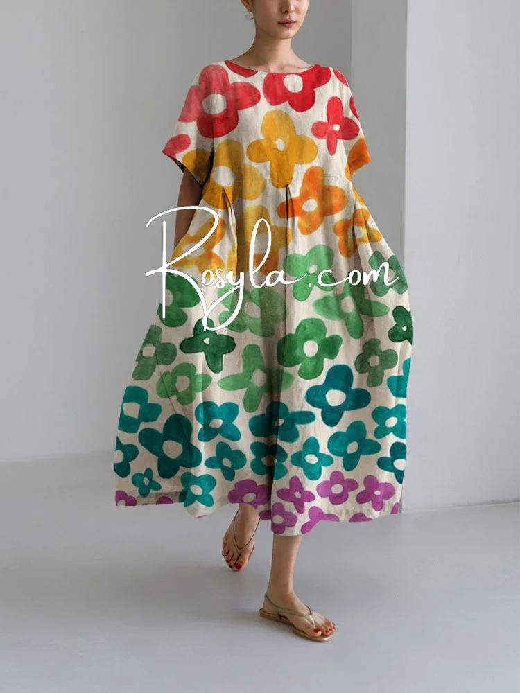 Women's Multi Floral Loose Round Neck Medium Length Skirt Dress