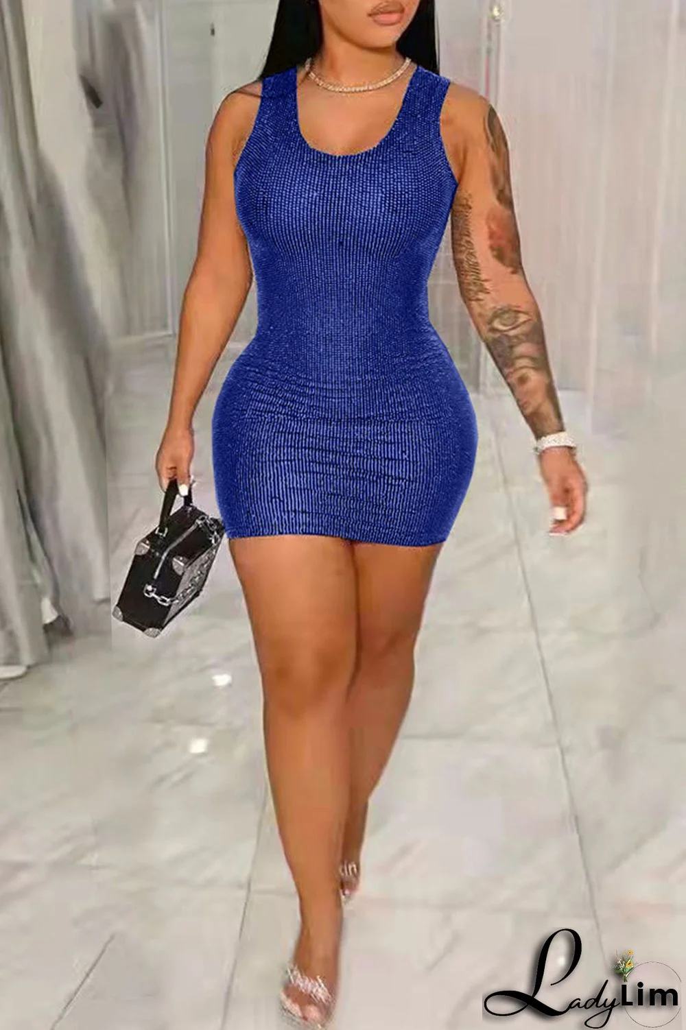 Blue Fashion Sexy Solid Sequins Patchwork O Neck Vest Dress